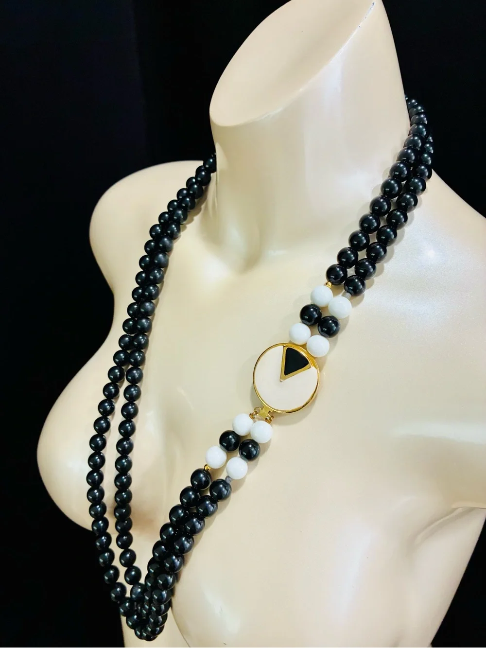 VTG 80s Black and White Beaded Layered Necklace with Gold Enamel Security Clasp